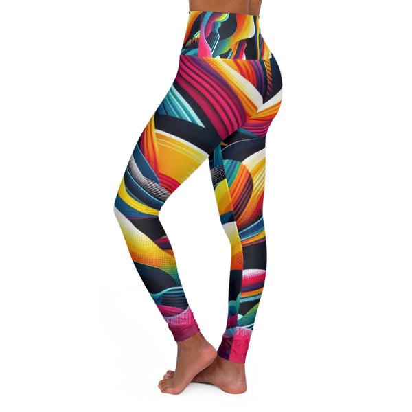 Electric Retro Wave High Waisted Yoga Leggings – Vibrant Abstract Ribbons