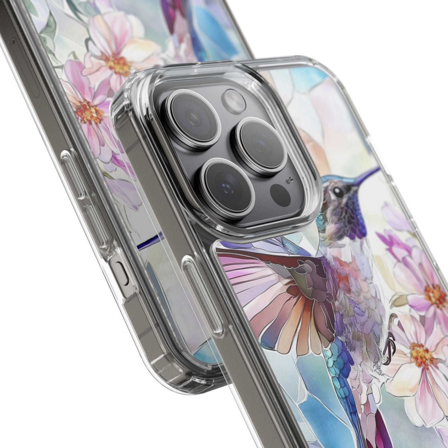 Clear Hummingbird Phone Case - Floral Stained Glass Design, Wireless Charging Compatible