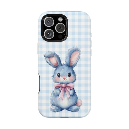 Cute Bunny on Blue Plaid MagSafe iPhone Case