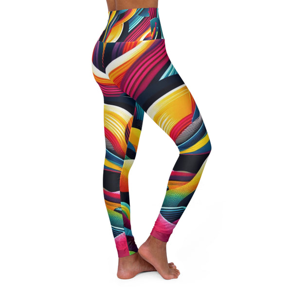 Electric Retro Wave High Waisted Yoga Leggings – Vibrant Abstract Ribbons