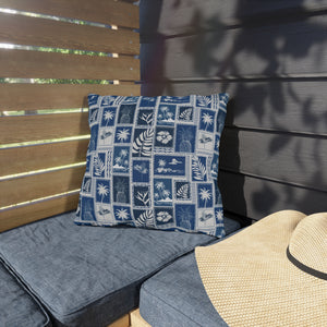 navy outdoor pillow with palm trees, pineapples and hibiscus patchwork