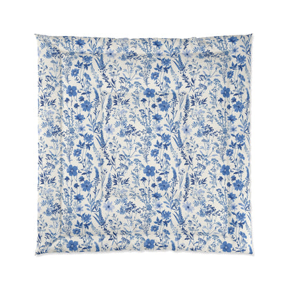 Blue Toile Floral Comforter - Cozy Bedding for Modern Bedrooms, Flower Pattern Bedspread, Spring Decor, Gift for Her