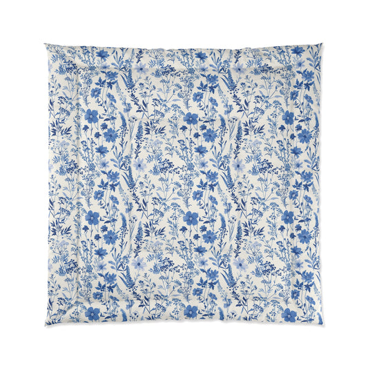 Blue Toile Floral Comforter - Cozy Bedding for Modern Bedrooms, Flower Pattern Bedspread, Spring Decor, Gift for Her