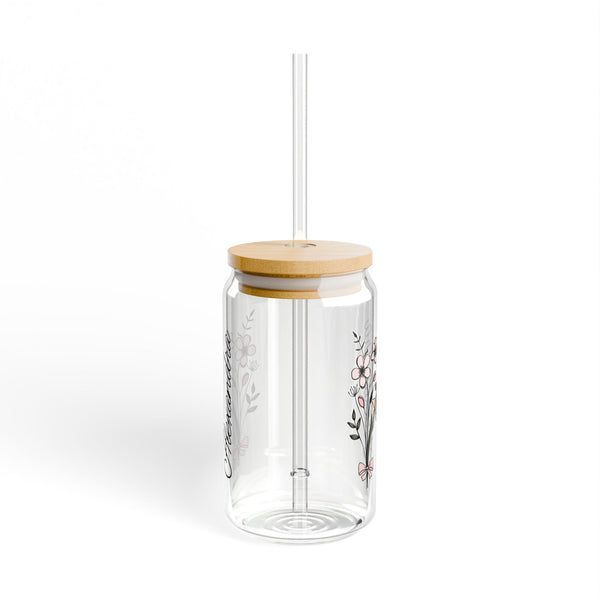 Personalized March Flower 16oz Can Glass - Stylish Sipper with Bamboo Lid and Straw