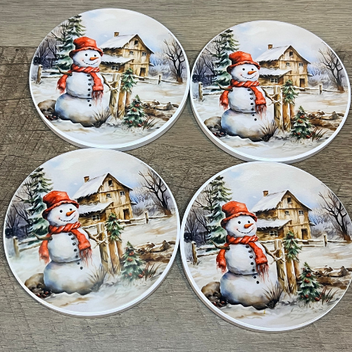 Snowman Ceramic Coaster Set, Holiday Drink Coasters, Festive Winter Table Decor, Christmas Barware Gift, Round Coasters for Hot Drinks,