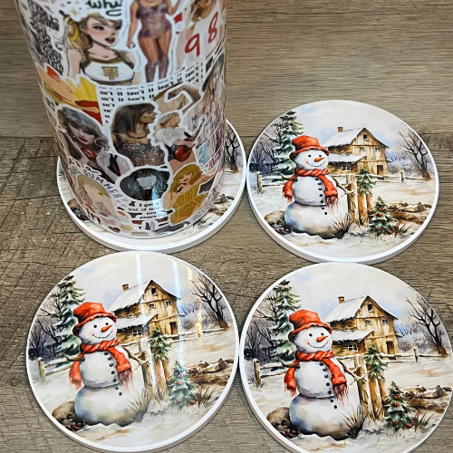 Snowman Ceramic Coaster Set, Holiday Drink Coasters, Festive Winter Table Decor, Christmas Barware Gift, Round Coasters for Hot Drinks,