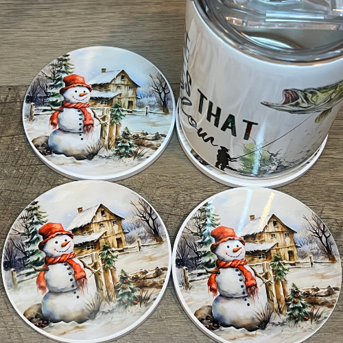 Snowman Ceramic Coaster Set, Holiday Drink Coasters, Festive Winter Table Decor, Christmas Barware Gift, Round Coasters for Hot Drinks,