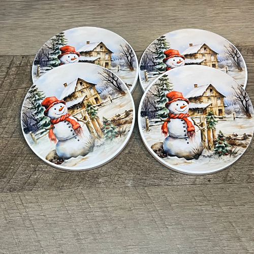 Snowman Ceramic Coaster Set, Holiday Drink Coasters, Festive Winter Table Decor, Christmas Barware Gift, Round Coasters for Hot Drinks,