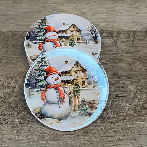 Snowman Ceramic Coaster Set, Holiday Drink Coasters, Festive Winter Table Decor, Christmas Barware Gift, Round Coasters for Hot Drinks,