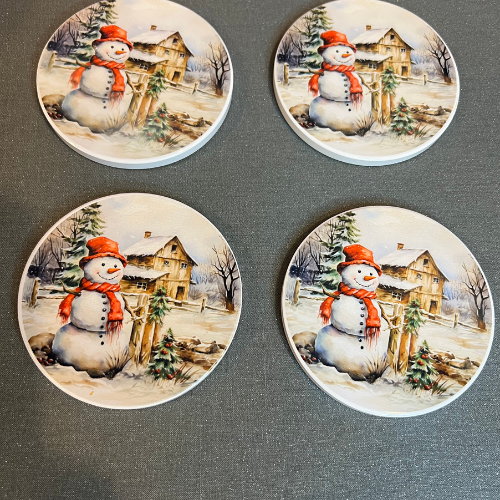 Snowman Ceramic Coaster Set, Holiday Drink Coasters, Festive Winter Table Decor, Christmas Barware Gift, Round Coasters for Hot Drinks,