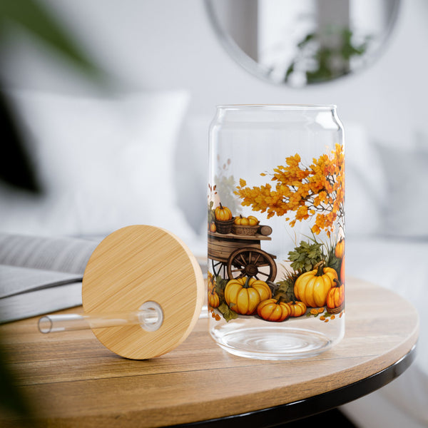 Fall Themed 16oz Glass, Iced Pumpkin Spice Can Glass, Fall Drinks Cup, Glass Jar with Lid and Straw, 16oz Glass Cup, Libbey Cup