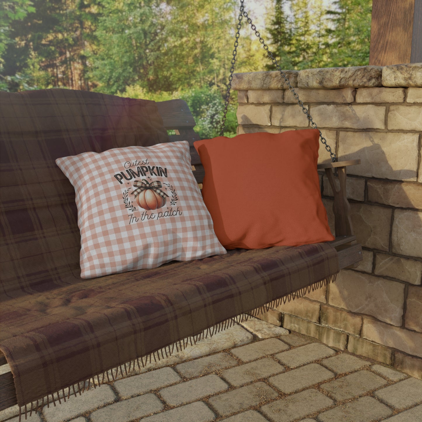 Cutest Pumpkin in the Patch Plaid Outdoor Pillow — Fall Gingham Decorative Pillow