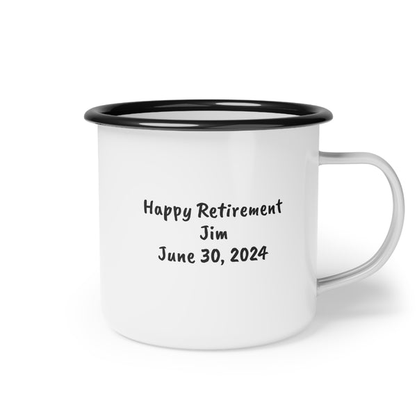 Personalized Retirement Mug, 12 oz Enamel Camp Cup, Adventure Awaits