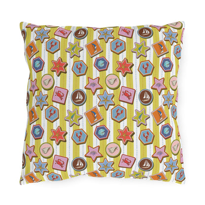 Coastal Nautical Outdoor Throw Pillow – Beach House Patio Cushion with Lobsters, Sailboats & Seashells