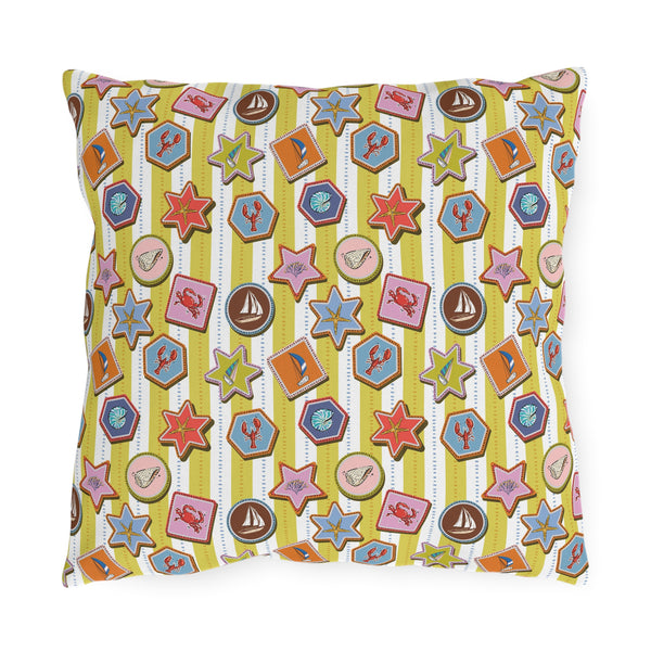 Coastal Nautical Outdoor Throw Pillow – Beach House Patio Cushion with Lobsters, Sailboats & Seashells