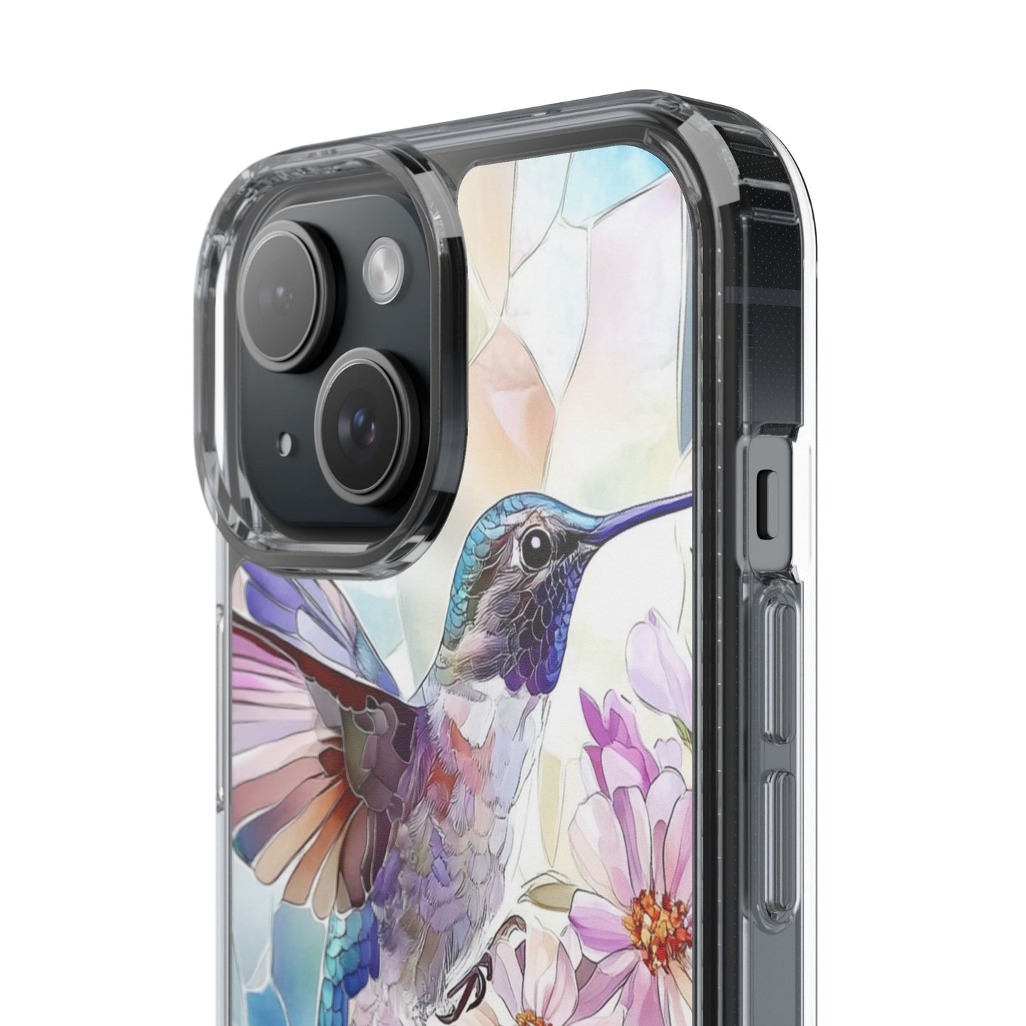 Clear Hummingbird Phone Case - Floral Stained Glass Design, Wireless Charging Compatible