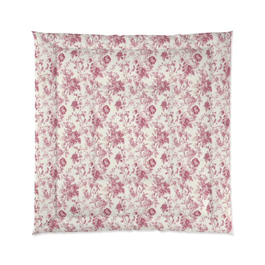 Pink Romantic Toile Floral Comforter, Cozy Bedding Set, Vintage Style Quilt, Home Decor for Bedroom, Perfect Gift for Couples