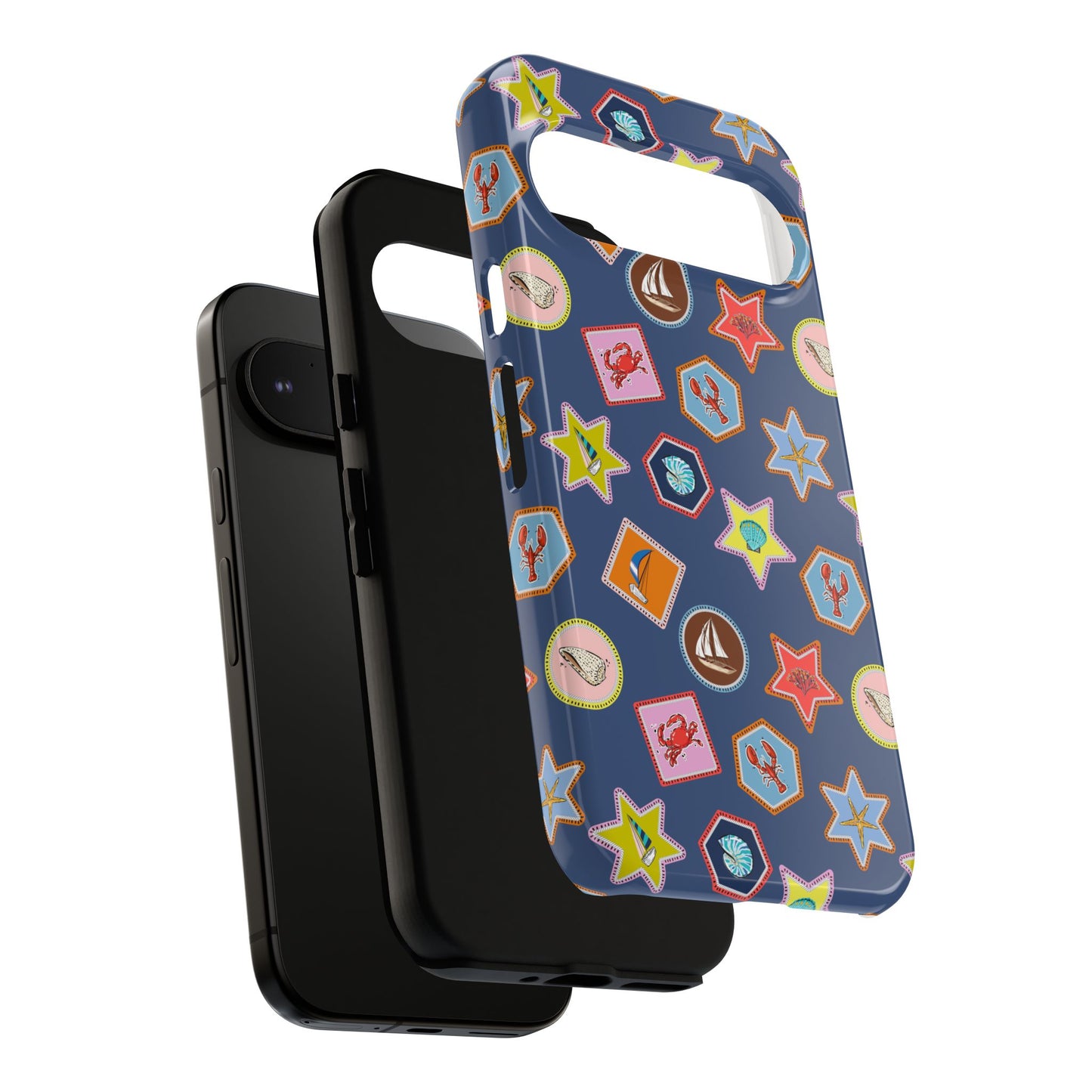 Lobsters Sailboats and Seashells on Navy Blue Phone Case