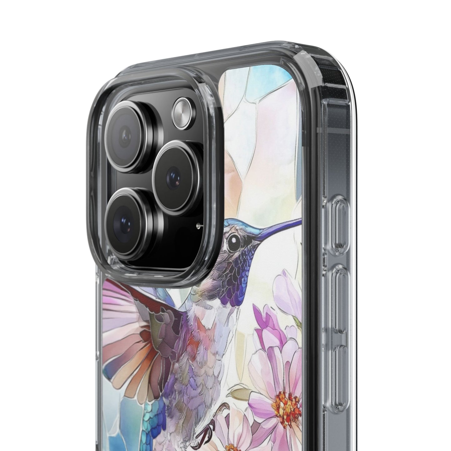 Clear Hummingbird Phone Case - Floral Stained Glass Design, Wireless Charging Compatible