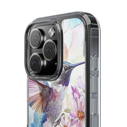 Clear Hummingbird Phone Case - Floral Stained Glass Design, Wireless Charging Compatible