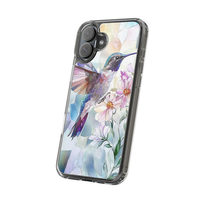 Clear Hummingbird Phone Case - Floral Stained Glass Design, Wireless Charging Compatible