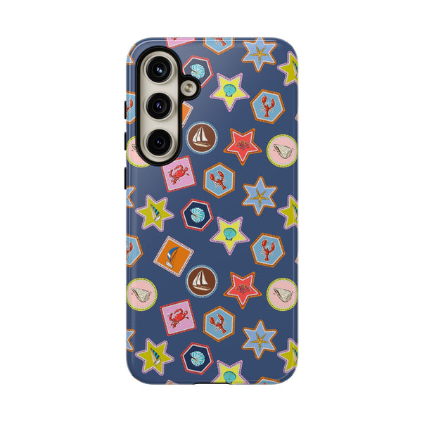 Lobsters Sailboats and Seashells on Navy Blue Phone Case