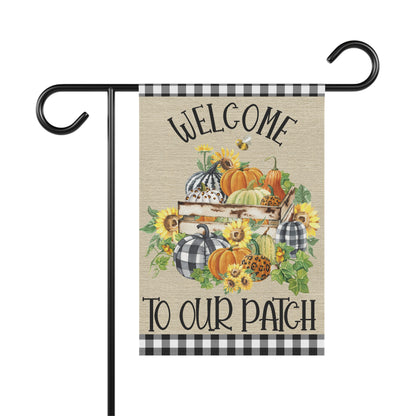 Welcome to Our Patch Garden Flag – 12”x18” Fall Yard Banner with Pumpkins, Sunflowers & Buffalo Plaid Accents