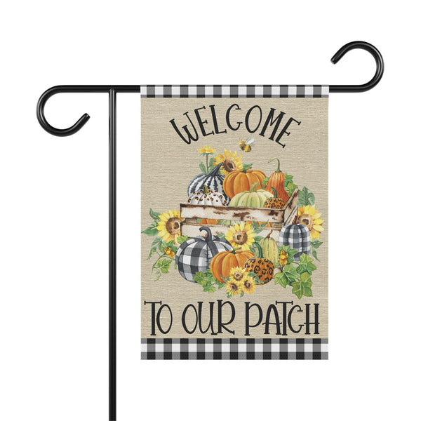 Welcome to Our Patch Garden Flag – 12”x18” Fall Yard Banner with Pumpkins, Sunflowers & Buffalo Plaid Accents