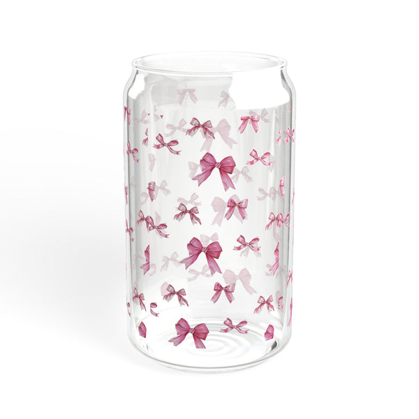 Coquette 16oz Glass Can Cup with Pink Bows, Cute Iced Coffee Cup, Sipper Glass