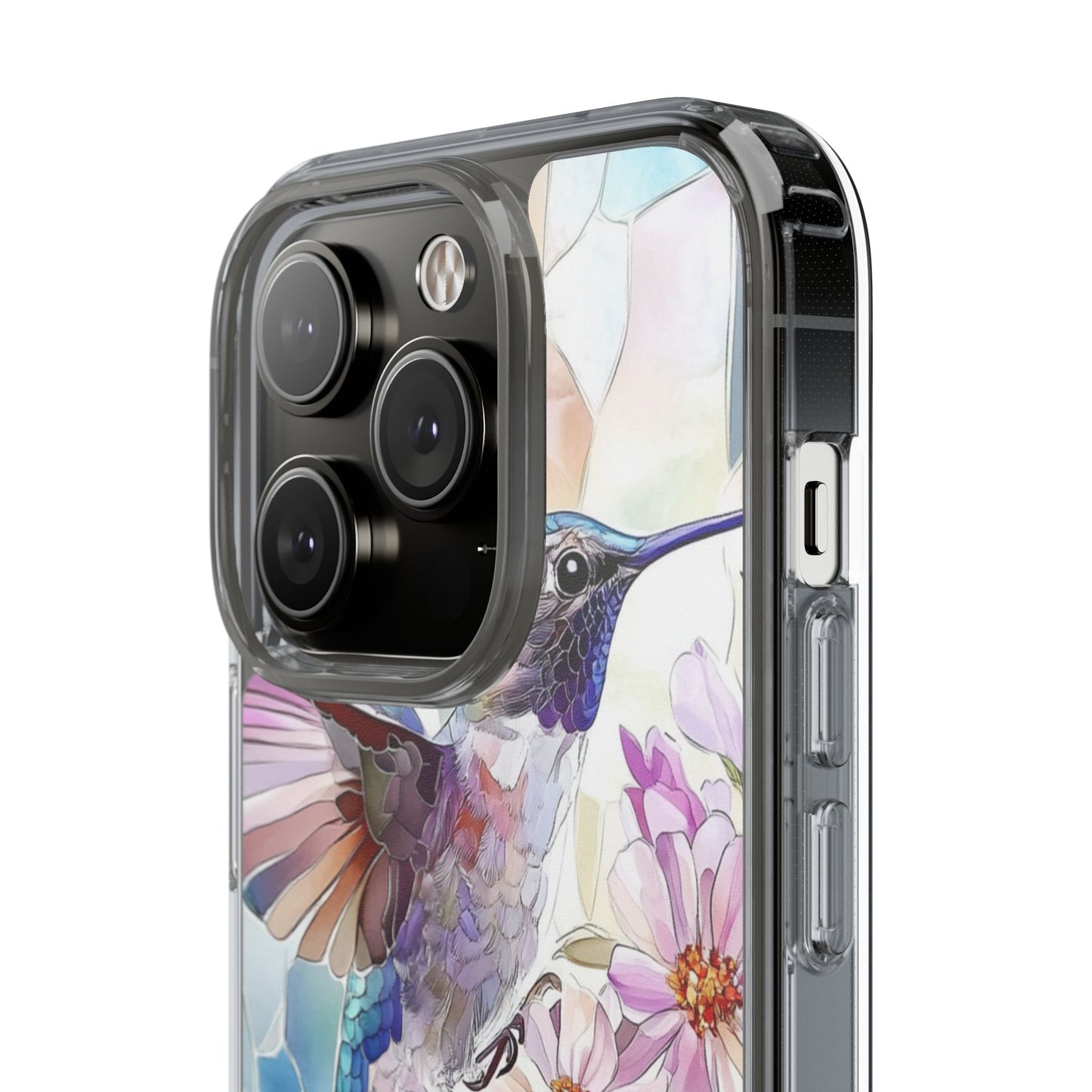 Clear Hummingbird Phone Case - Floral Stained Glass Design, Wireless Charging Compatible