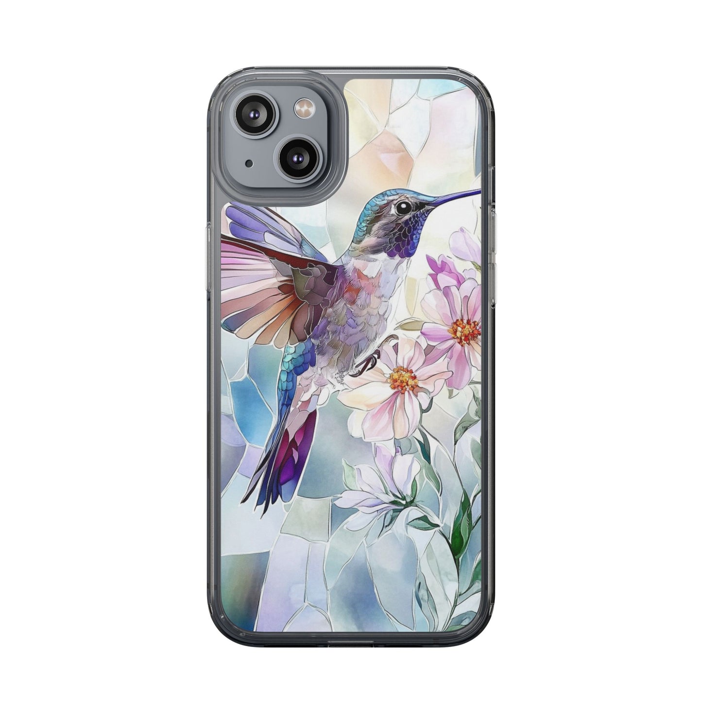 Clear Hummingbird Phone Case - Floral Stained Glass Design, Wireless Charging Compatible