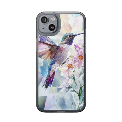 Clear Hummingbird Phone Case - Floral Stained Glass Design, Wireless Charging Compatible
