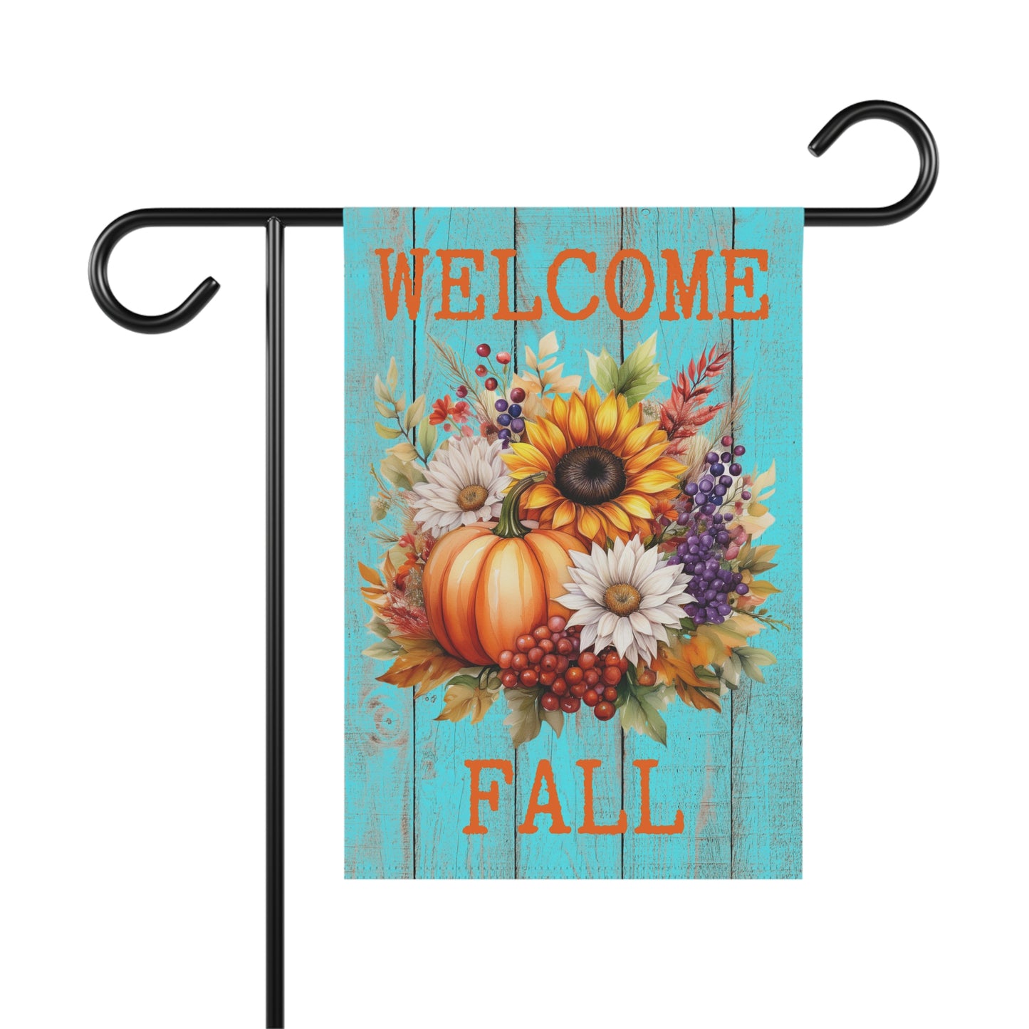 Welcome Fall Garden Flag – 12”x18” Pumpkin & Sunflower Yard Banner with Teal Wood Background