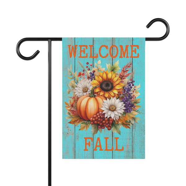 Welcome Fall Garden Flag – 12”x18” Pumpkin & Sunflower Yard Banner with Teal Wood Background