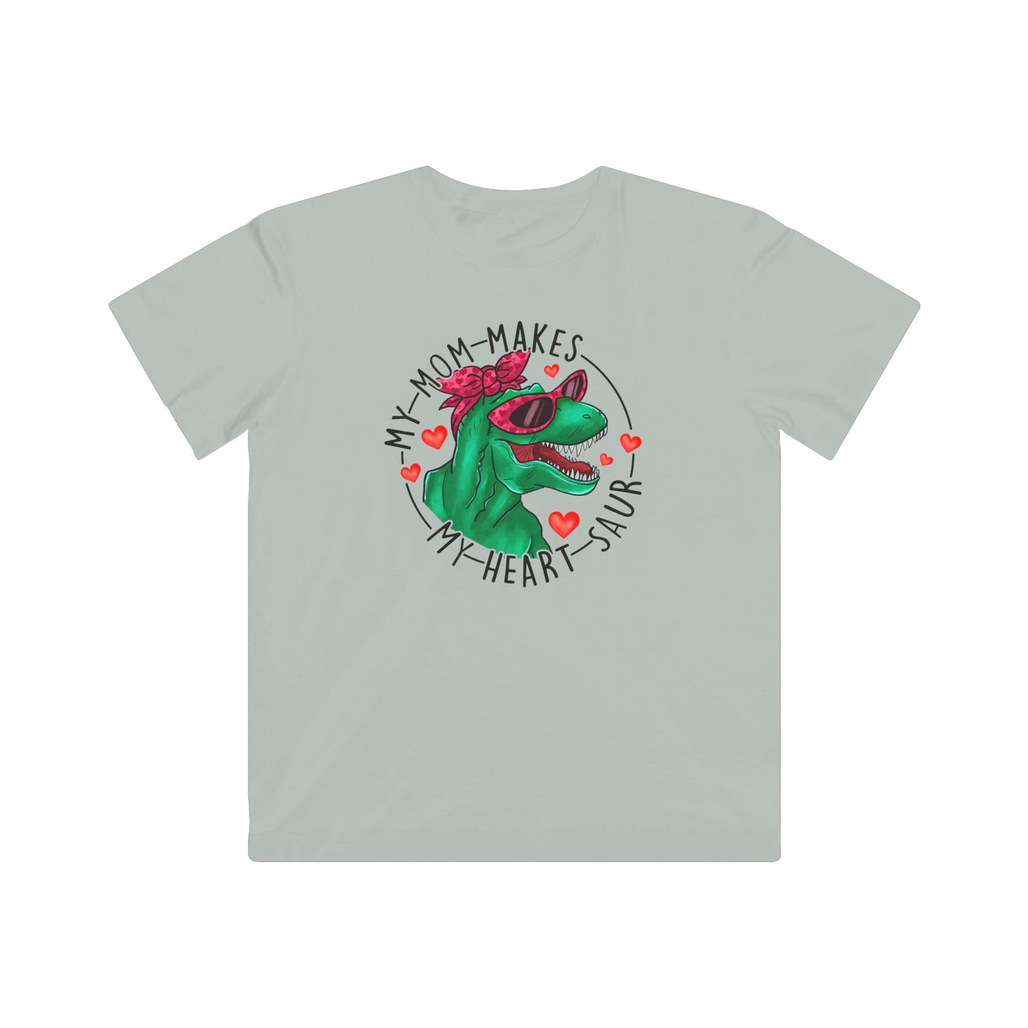 designsXdarren My Mom Makes My Heart Saur Kids Tee - Dinosaur Pun Youth T-Shirt - White Apple Silver Blue Pink