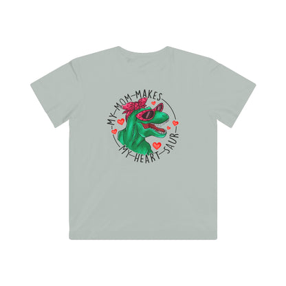 designsXdarren My Mom Makes My Heart Saur Kids Tee - Dinosaur Pun Youth T-Shirt - White Apple Silver Blue Pink