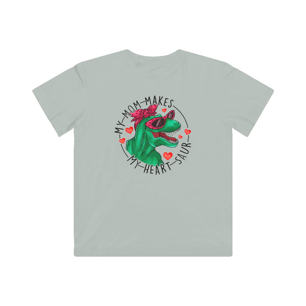 designsXdarren My Mom Makes My Heart Saur Kids Tee - Dinosaur Pun Youth T-Shirt - White Apple Silver Blue Pink