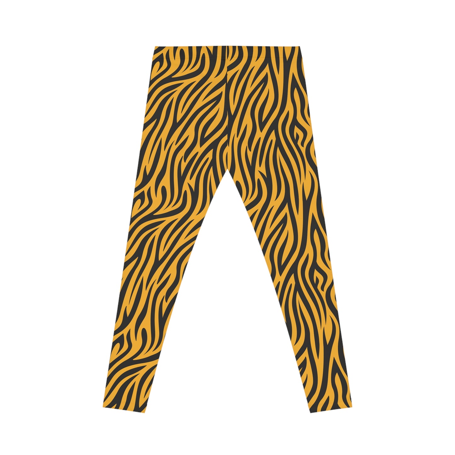 Rear view of casual leggings featuring a bold tiger stripe pattern with black wavy stripes on a vibrant orange background. The fabric has a smooth, silky texture.