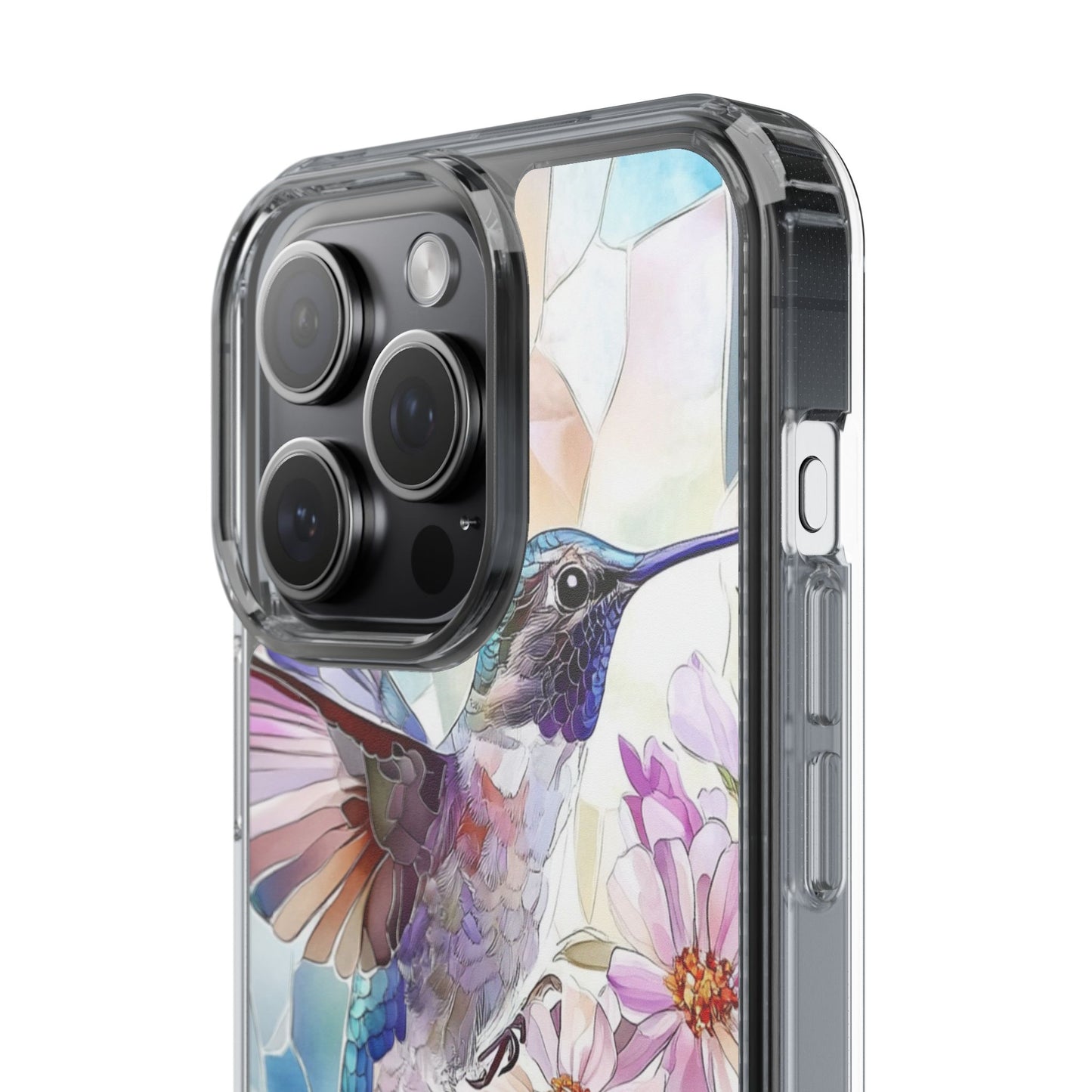 Clear Hummingbird Phone Case - Floral Stained Glass Design, Wireless Charging Compatible
