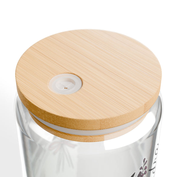 Personalized July Flower 16oz Can Glass - Stylish Sipper with Bamboo Lid and Straw