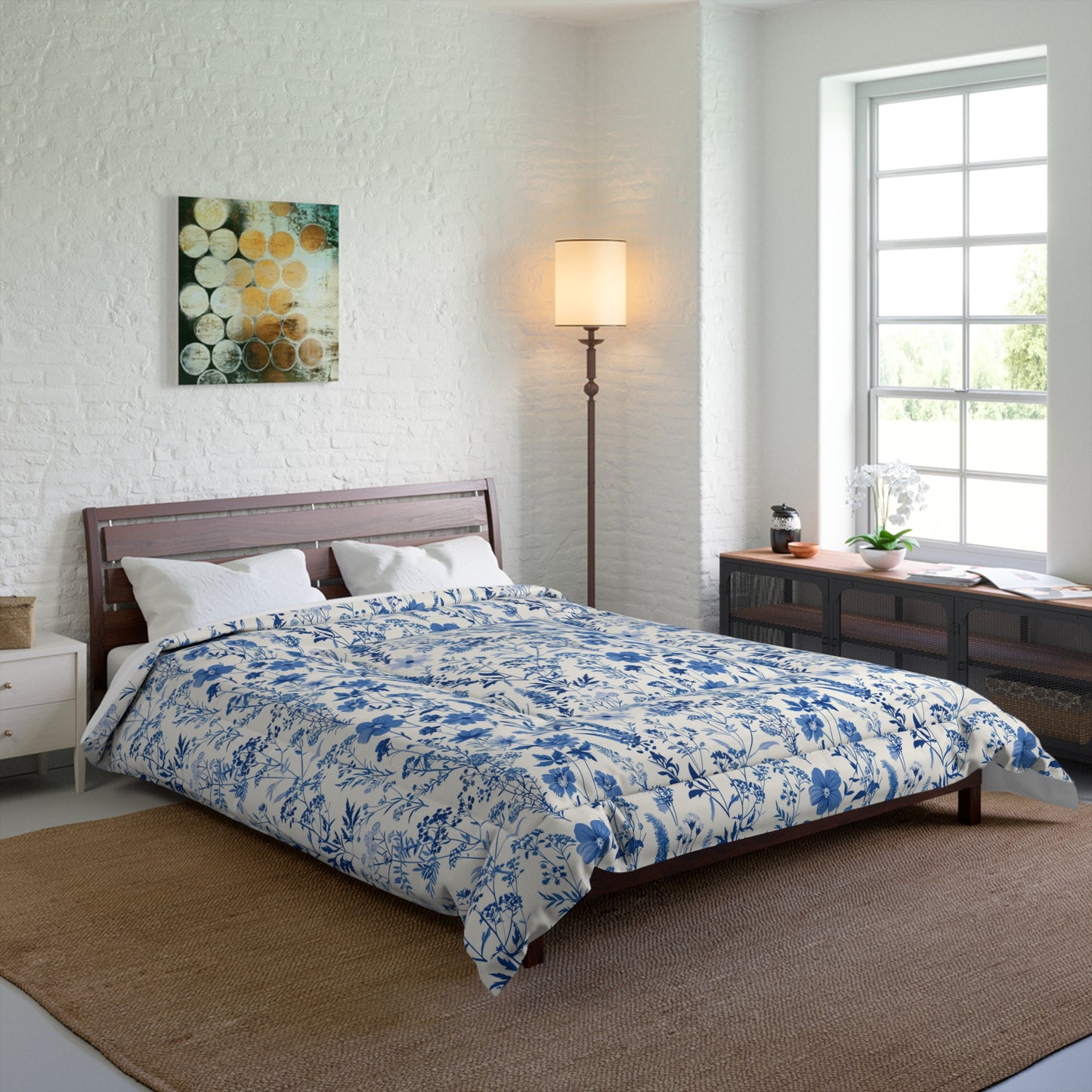 Blue Toile Floral Comforter - Cozy Bedding for Modern Bedrooms, Flower Pattern Bedspread, Spring Decor, Gift for Her