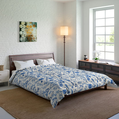 Blue Toile Floral Comforter - Cozy Bedding for Modern Bedrooms, Flower Pattern Bedspread, Spring Decor, Gift for Her