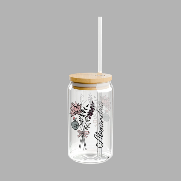 Personalized July Flower 16oz Can Glass - Stylish Sipper with Bamboo Lid and Straw
