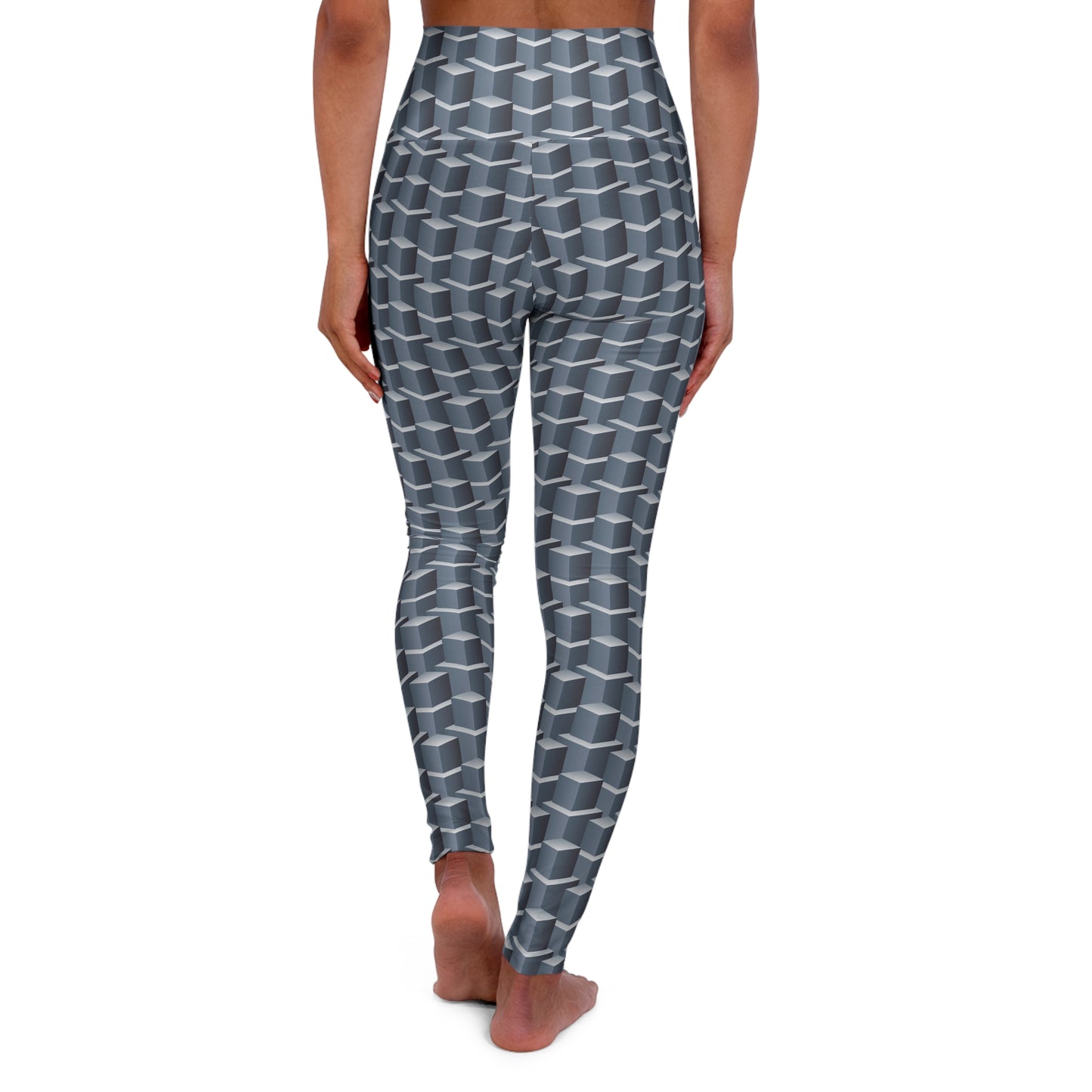 Building Blocks High Waisted Yoga Leggings – 3D Geometric Grey Cube Print