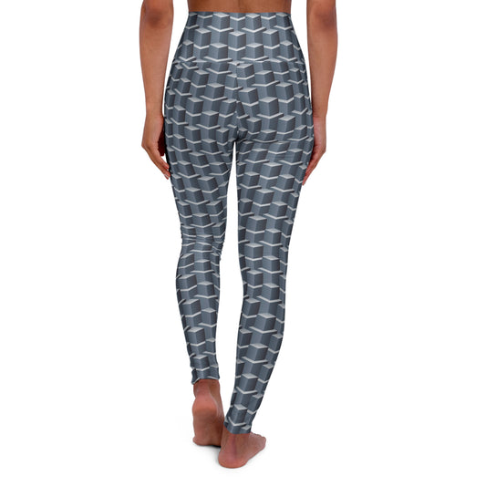 Building Blocks High Waisted Yoga Leggings – 3D Geometric Grey Cube Print