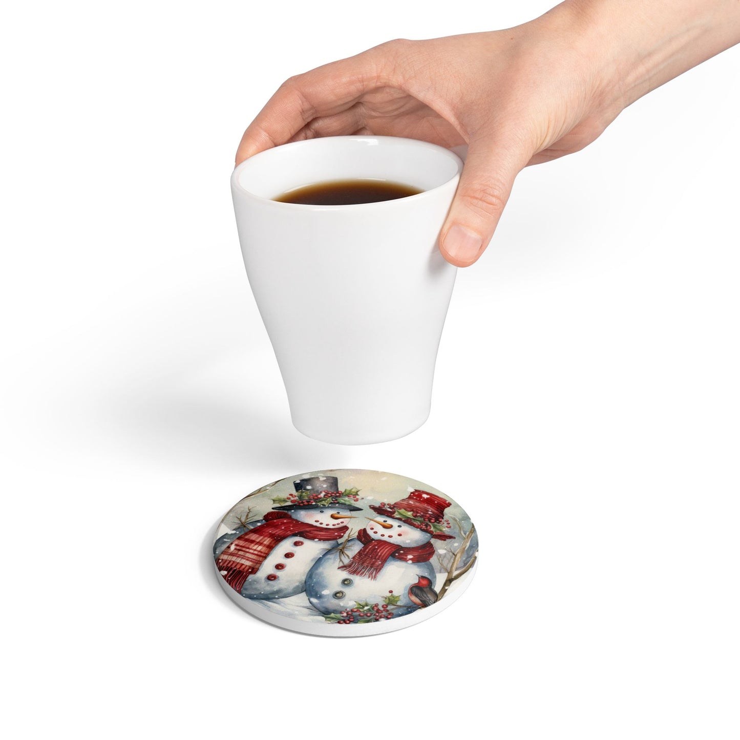 Festive Snowman Ceramic Coaster, Holiday Drinkware, Christmas Decor, Winter Home Gift, Coaster Set for Holiday Parties