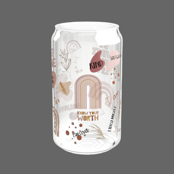 Daily Affirmation Glass Can Cup with Bamboo Lid & Straw, 16oz Self-Care Motivational Tumbler, Inspirational Drinkware, Positive Energy Cup