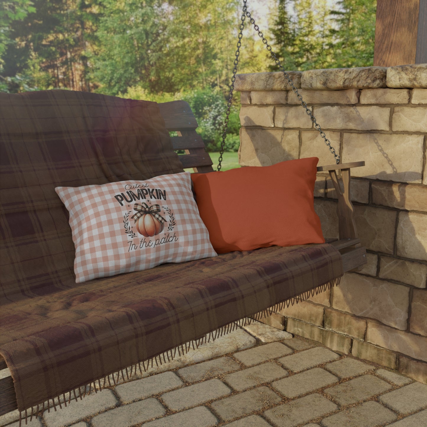 Cutest Pumpkin in the Patch Plaid Outdoor Pillow — Fall Gingham Decorative Pillow