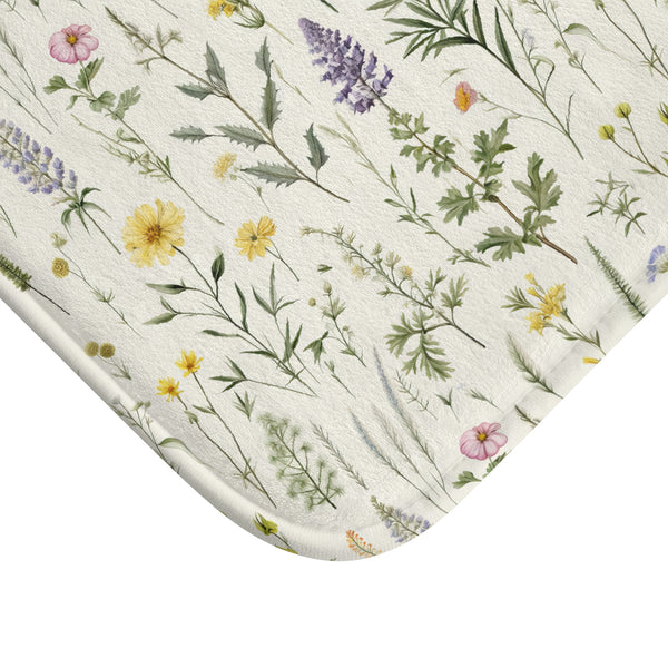 Floral Bath Mat, Wild Flower Designed Bath Mat, Purple and Yellow Floral Bathroom Decor