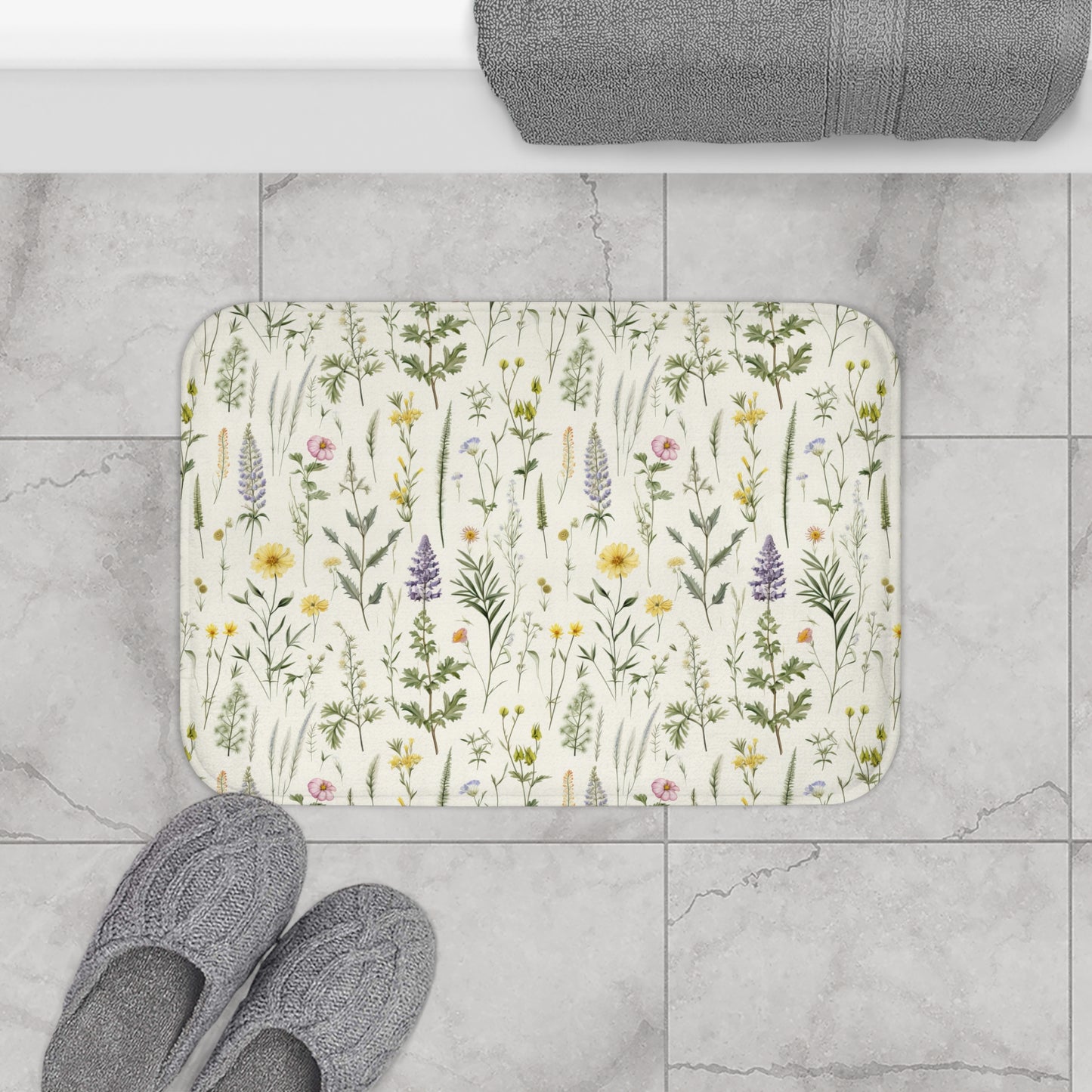 Floral Bath Mat, Wild Flower Designed Bath Mat, Purple and Yellow Floral Bathroom Decor